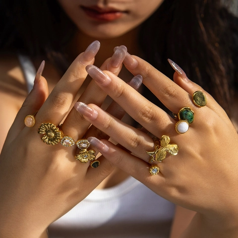 Vintage Edelstahl 18K Vergoldeter Offener Ring Für Damen Bohemian Naturstein Zirkonia Blumen Stern Verstellbarer Ring