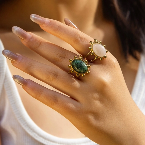 Vintage Vergoldeter Edelstahlring Ovaler Rosenquarz Perlenkante Verstellbarer Offener Ring Retro Schmuck Für Damen