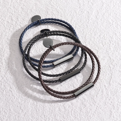 Braided Bracelet Stainless Steel Metal Clasp Double Layer Cord Minimalist Industrial Style Jewelry For Men