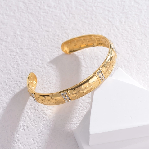 Goldbeschichtetes Edelstahl Stern Relief Armreif Mit Strasssteinen Verstellbares Armband Für Damen