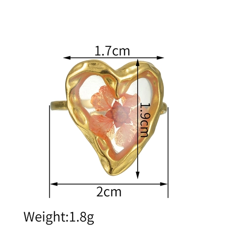 Stainless Steel Ring Real Dried Flower Resin Heart Oval Hammered Gold Plated Adjustable Vintage Jewelry For Women