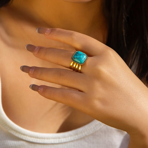 Square Turquoise Stainless Steel Ring Gold Plated Hollow Multi Layered Adjustable Open Band Geometric Jewelry For Women