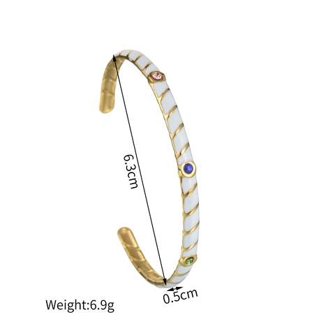 Vintage Stainless Steel Enamel Bangle Gold Plated Spiral Ribbed C-Shape Open Bracelet Multi-color Zircon Inlay Women