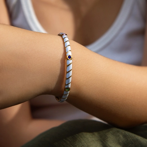 Vintage Stainless Steel Enamel Bangle Gold Plated Spiral Ribbed C-Shape Open Bracelet Multi-color Zircon Inlay Women