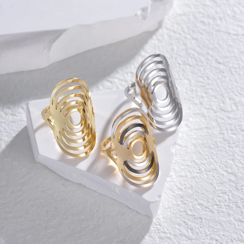 Edelstahl Mehrlagiger Hohler Geometrischer Ring Dreifarbig Minimalistisches Nischendesign Verstellbares Offenes Band Für Damen Herren