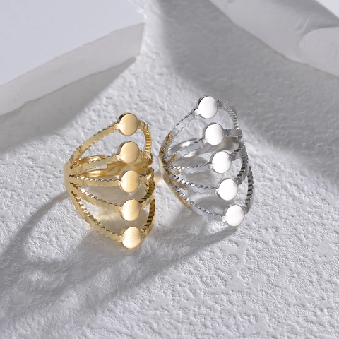 Stainless Steel Multi Layer Open Ring Adjustable Hollow Wavy Chic Circular Disc Minimalist Finger Jewelry For Women