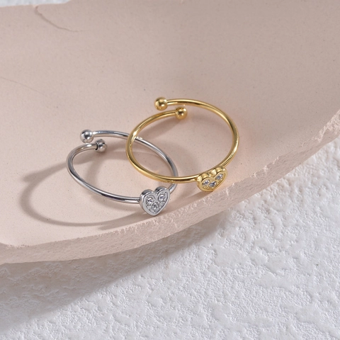 Minimalist French Style Heart Zircon Inlaid Stainless Steel Adjustable Open Ring For Women Elegant Fashion Jewelry