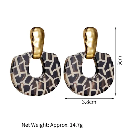 Orecchini Pendenti Geometrici Acciaio Inossidabile Metallo Martellato Resina Motivo Griglia Nero Bianco Gioielli Moda Retro Donna