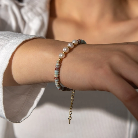 Stainless Steel Beaded Bracelet With Natural Stone And Freshwater Pearl Light Blue Luxury Niche Style For Women Adjustable