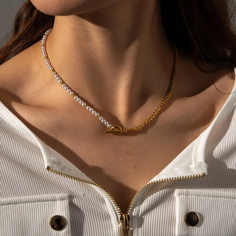 Collana In Acciaio Inossidabile Con Giunzione Asimmetrica Con Künstliche Perle Artificiali E Chiusura OT Design Minimalista Per Donne
