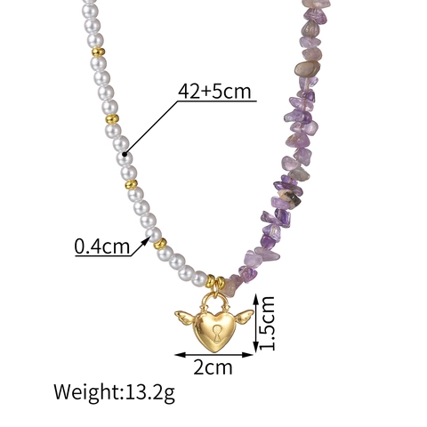Collana Da Donna In Acciaio Inossidabile Con Künstliche Perle D'Imitazione Ametista Lapislazzuli Ciondolo Chiave Lucchetto Cuore Alato