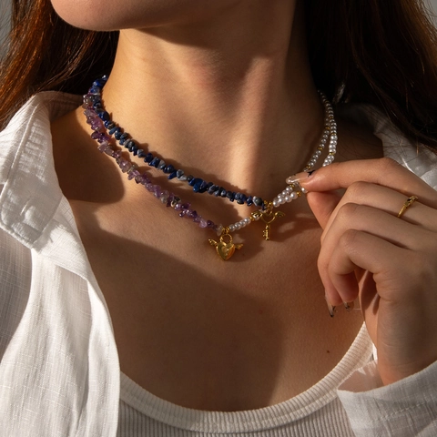 Collana Da Donna In Acciaio Inossidabile Con Künstliche Perle D'Imitazione Ametista Lapislazzuli Ciondolo Chiave Lucchetto Cuore Alato