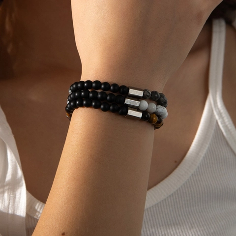 Bracciale Di Perline In Acciaio Inossidabile Per Coppie Pietra Naturale Opaca Occhio Di Tigre Regolabile Minimalista