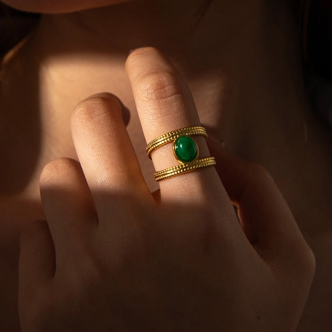 Retro Roestvrijstalen Ring Voor Dames Groene Ovalen Edelsteen Verstelbaar Open Dubbele Laag Kralenrand Minimalistisch