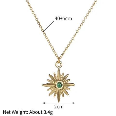 Edelstahl Halskette Mit Achtzackigem Sternanhänger Und Grünem Rundem Edelstein Sunburst Design Light Luxury Style Für Damen