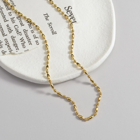 Minimalist Stainless Steel Beaded Necklace Gold Plated Oval Rice Bead Chain Adjustable Geometric Jewelry For Women