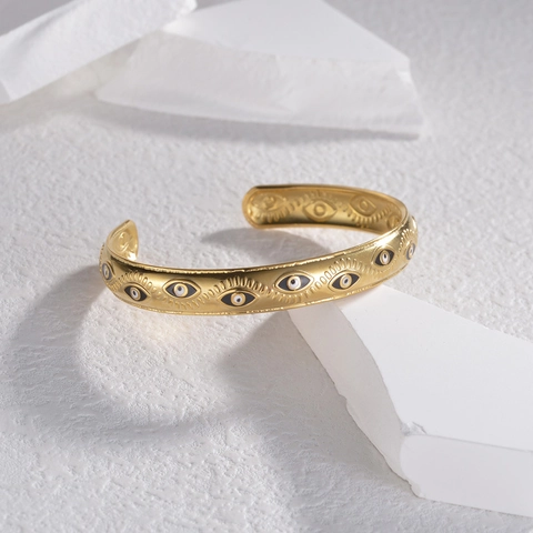 Bracciale Rigido Aperto Bohémien Malocchio Acciaio Inossidabile Placcato Oro Motivo Foglia Grano Gioielli Donna