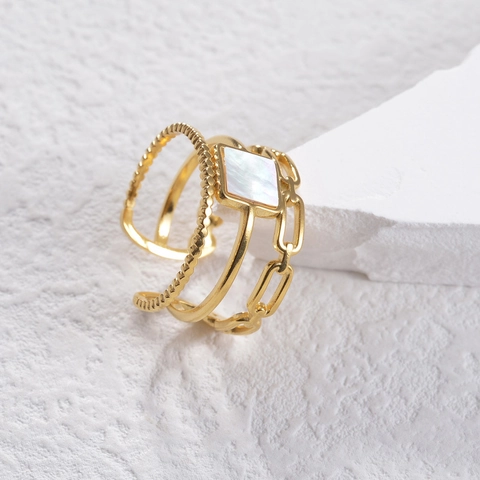 Edelstahl Mehrlagiger Verstellbarer Ring Goldbeschichtet Quadratische Weiße Muschel Einlage Geometrischer Modeschmuck Damen