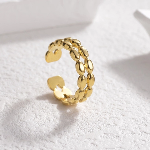 Geometrischer Ovaler Edelstahlring Doppelreihige Metallperlen Vergoldet Verstellbarer Offener Fingerring Schmuck Für Damen