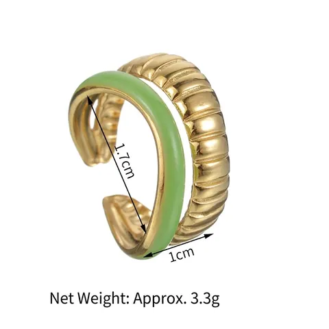 Double Layer Open Ring 304 Stainless Steel Green Enamel Croissant Texture Geometric Adjustable Jewelry For Women