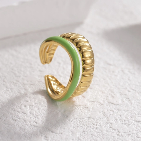 Double Layer Open Ring 304 Stainless Steel Green Enamel Croissant Texture Geometric Adjustable Jewelry For Women