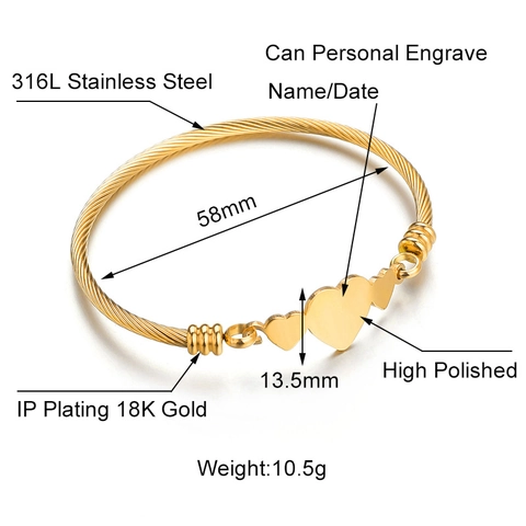 Stainless Steel Triple Hearts Cable Bangle For Women Twisted Wire Open Cuff Bracelet Fashion Jewelry Minimalist Elegant