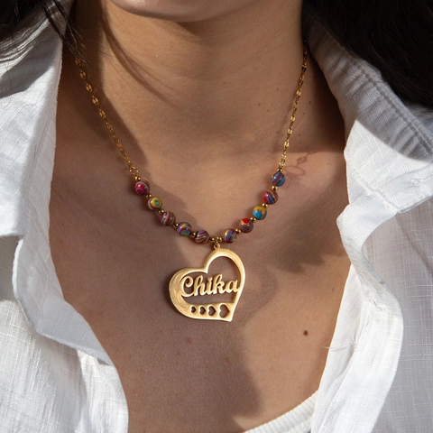 Collar Con Colgante De Corazón Acero Inoxidable Cuentas Rayadas Coloridas Joyas Estilo Vintage Francés Para Mujeres