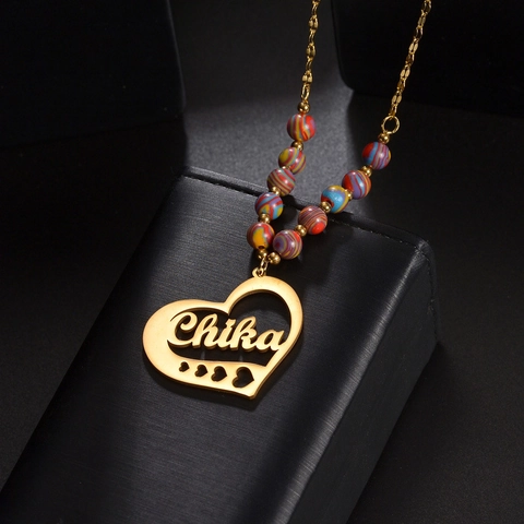 Collar Con Colgante De Corazón Acero Inoxidable Cuentas Rayadas Coloridas Joyas Estilo Vintage Francés Para Mujeres