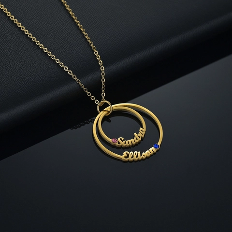 Collar De Colgante De Doble Círculo Entrelazado Acero Inoxidable Con Circonita De Color Joyería Minimalista Para Mujer