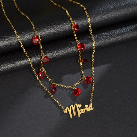 Collar De Doble Capa Acero Inoxidable 304 Circonita Cúbica Roja Colgante Nombre Maria Acento Corazón Para Mujer Joyería