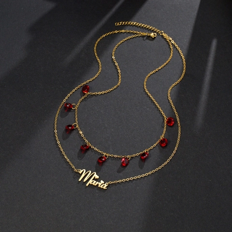Collar De Doble Capa Acero Inoxidable 304 Circonita Cúbica Roja Colgante Nombre Maria Acento Corazón Para Mujer Joyería
