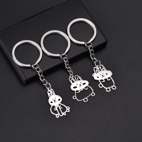 Llavero Conejo Dibujos Animados Acero Inoxidable Diseño Hueco Pulido Lindo Minimalista Moda Accesorio Colgante