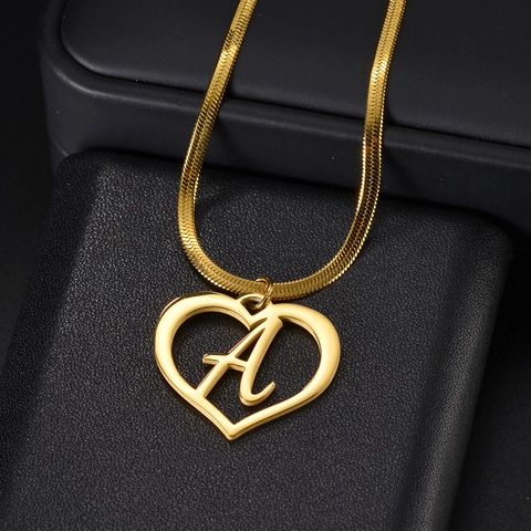 Collar Con Colgante De Corazón Acero Inoxidable Inicial Letra A Cadena De Serpiente Joyería De Moda Minimalista Mujer