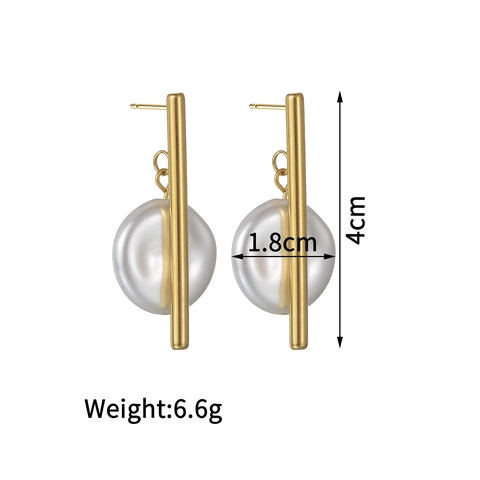 Orecchini A Barra Lunga Minimalisti Placcati Oro In Acciaio Inossidabile Con Perla Artificial Barocca Piatta Per Donna