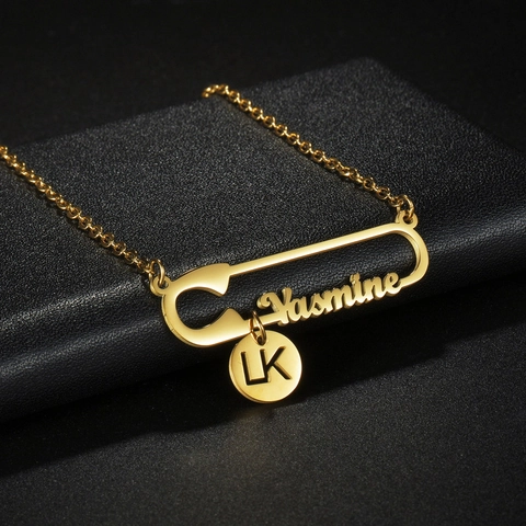 Collar Con Colgante De Alfiler De Seguridad Acero Inoxidable Nombre Letra Encanto Chapado En Oro Joyería Para Mujer