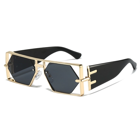 Geometric Hexagon Cutout Sunglasses Metal Frame UV400 Large Frame Trendy Hip Hop Style Eyewear