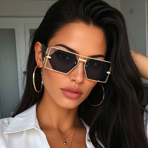 Geometric Hexagon Cutout Sunglasses Metal Frame UV400 Large Frame Trendy Hip Hop Style Eyewear