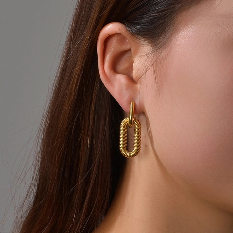Oval Ribbed Texture Drop Earrings 304 Stainless Steel Geometric Nested Double Hoop Jewelry Minimalist Vintage For Women Gold