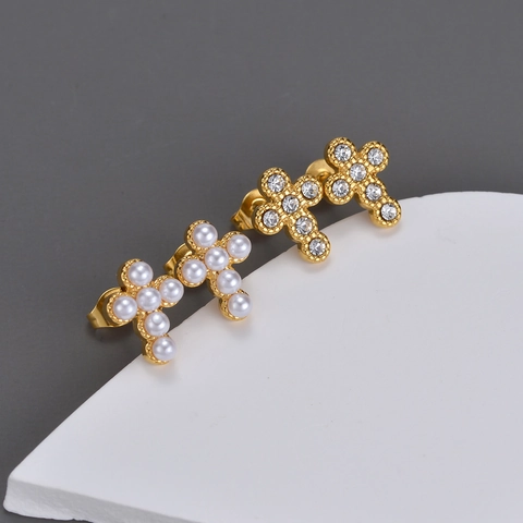 Orecchini A Lobo Croce Acciaio Inossidabile Con Perla Artificial Imitazione E Cristallo Elegante Stile Francese Per Donne
