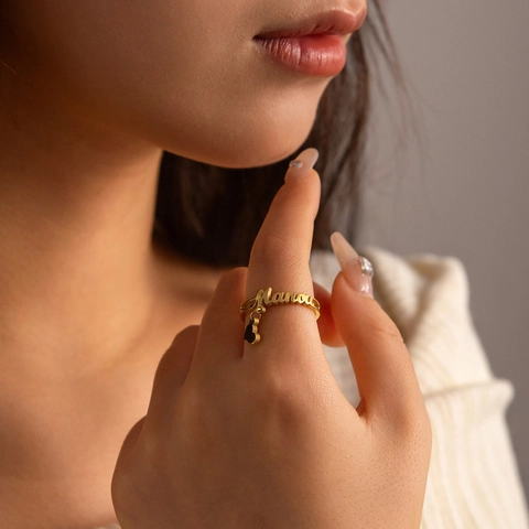 Anillo Abierto De Acero Inoxidable Con Letra De Nombre Y Colgante De Corazón Joyería Minimalista Para Mujer