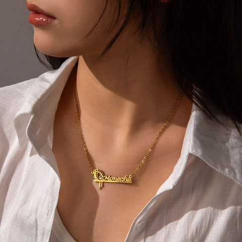 Collar De Nombre De Acero Inoxidable Con Colgante De Pluma De Pavo Real Y Diamantes De Imitación Para Mujer Estilo Personalizado