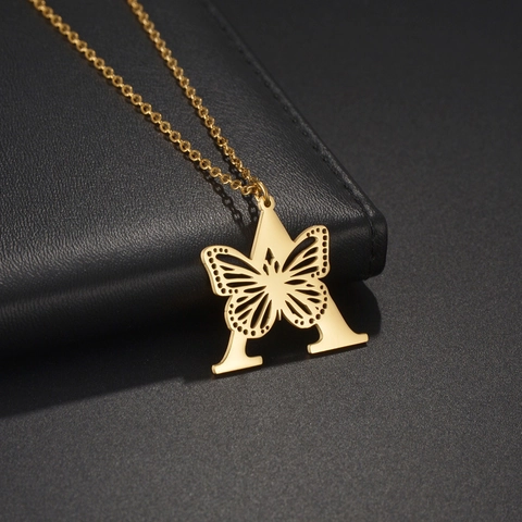 Collar Con Colgante De Acero Inoxidable Mariposa Hueca Letra Inglesa Inicial Joyería Estilo Retro Francés Para Mujeres
