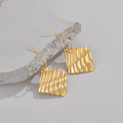 Square Ripple Texture Dangle Hook Earrings Stainless Steel 18K Gold Plated Minimalist Geometric Light Luxury Jewelry For Women