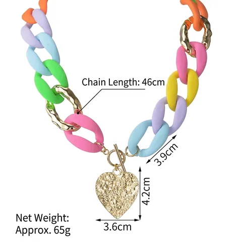 Collier À Grosse Chaîne En Acrylique Coloré Avec Pendentif Cœur Martelé En Acier Inoxydable Style Dopamine Fermoir OT