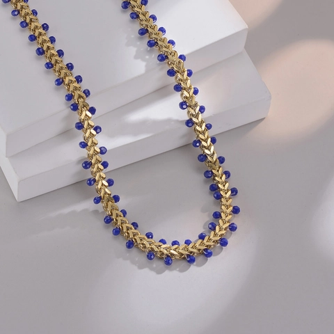 Collier Perles De Cristal Bleu Foncé Style Ins Français Acier Inoxydable Plaqué Or 14K Chaîne De Clavicule Réglable Femme