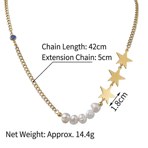 Collier Pendentif Étoile Acier Inoxydable Plaqué Or 14K Künstliche Perle Imitation Pierre Bleue Mode Chaîne Asymétrique Bijoux Femmes