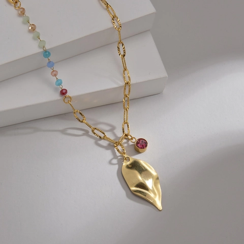 Collana In Acciaio Inossidabile Placcato Oro Perline Colorate Asimmetrico Ciondolo Foglia Zircone Gioielli Vintage Donne