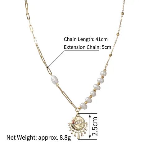 Evil Eye Sonnenstrahl Anhänger Halskette Gold Plattiert Edelstahl Asymmetrisch Büroklammer Perlen Kette Süßwasserperle