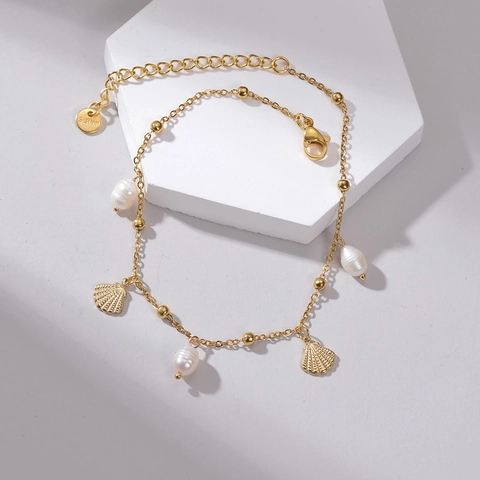 Artificial Pearl Shell Pendant Anklet Stainless Steel Gold Plated Foot Chain For Women Adjustable Elegant Beach Jewelry