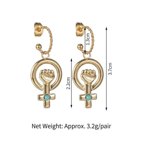 Pendientes Colgantes Cruz Símbolo Venus De Acero Inoxidable Puño Poder Femenino Con Cuenta Turquesa Chapado En Oro